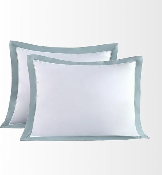 THE COTTON & SILK®️ 100% Luxury Long-Staple Cotton Pillow Sham/Pillowcase, Set of 2, with Envelope Closure on The Back, White + Misty Blue, Queen Size