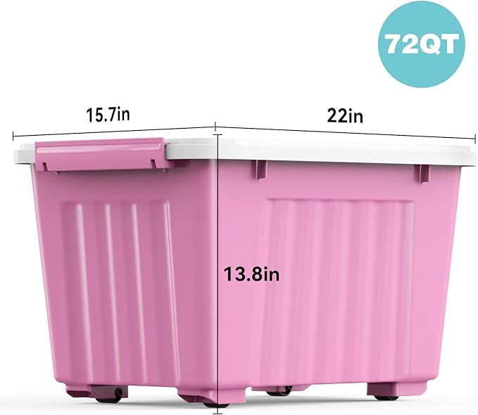 Nazhura Plastic Storage Bin, Stackable and Nestable Storage Boxes with White Lids and Secure Latching Buckles, Large Storage Container (Pink/White, 72Quart-6Pack)