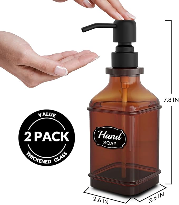 Soap Dispenser - 2 Pack, Antique Design Thick Amber Glass Hand Soap Dispensers with Sturdy Tray; 304 Rust Proof Stainless Steel Black Pump, 12Pcs Stickers, for Kitchen, Bathroom- Black