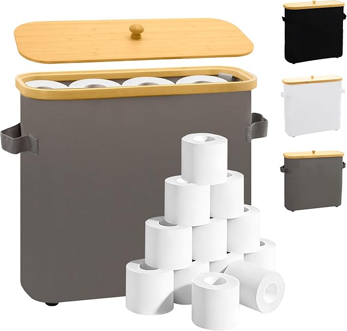 MinBoo Toilet Paper Basket, Storage with Lid, Toilet Paper Organizer for Bathroom, Free Standing Toilet Paper Holder with Storage,Gray