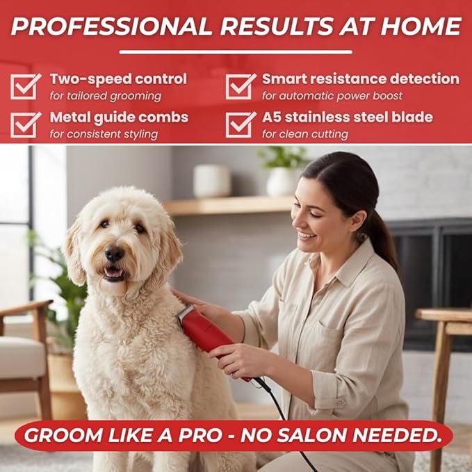 Professional Dog Clippers for Grooming | High-Performance 2-Speed Corded Shears for Thick, Curly Coats & Matted Hair | Low-Noise Pet Grooming Kit with Heavy Duty Hair Trimmer, Red