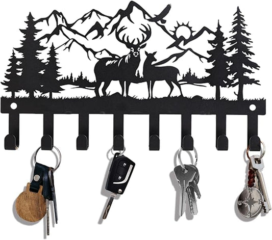 Deer Metal Key Holder for Wall, 14.5" X 8.9", Key Hooks for Wall Organizer, Key Rack, Forest Theme Coat Hat Towel Hooks, Ideal for Living Room, Hallway, Office