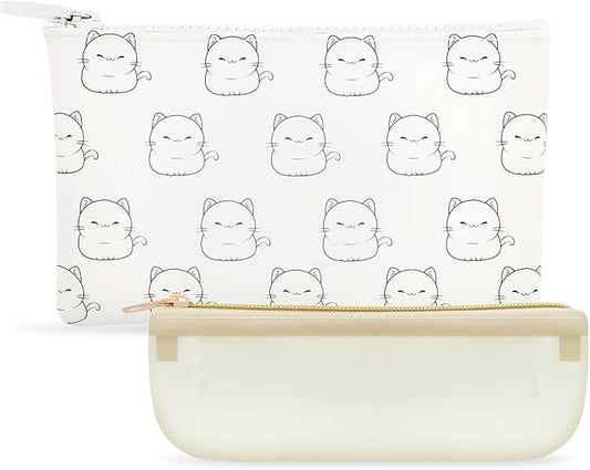 Manmihealth Cute Cat Silicone Makeup Bag, Cosmetic Bags for Women, Makeup Brushes Holder Travel, Portable Purse Pouch for Travel Essentials, Zipper Storage Organizer Bag, 2-Pack