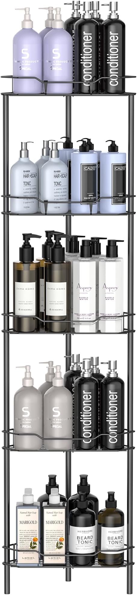 5 Tier Floor Standing Corner Shower Caddy Organizer Shelf with Hooks, Bathroom Shelves Stand Rack, Matt Black