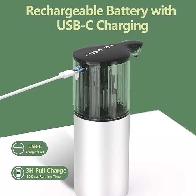 YIKHOM Automatic Foaming Soap Dispenser, 15.37 oz/450mL Electric Touchless Foam Dispenser, 8 Adjustable Level Hand Sanitizer Pump, USB C Rechargeable, IPX6 Waterproof Soap Pump for Bathroom