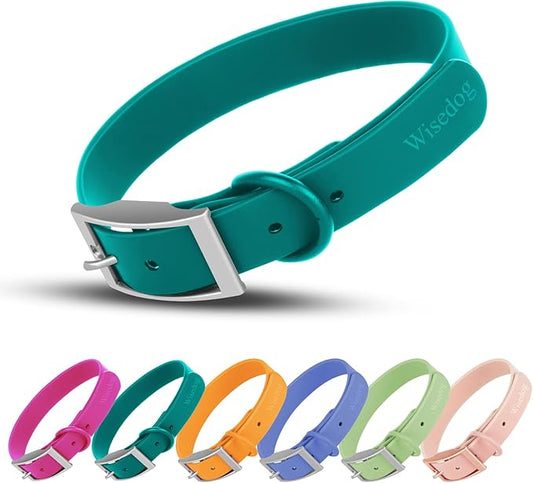 Wisedog Waterproof Dog Collar: Multiple Adjust 7" to 23.6", Soft Rubber Coated Webbing, Easy to Clean, for Small Medium Large Dogs (M|12"-16" × 4/5 in, Emerald Green)