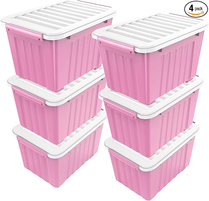 Nazhura Plastic Storage Bin, Stackable and Nestable Storage Boxes with White Lids and Secure Latching Buckles, Large Storage Container (Pink/White, 72Quart-6Pack)