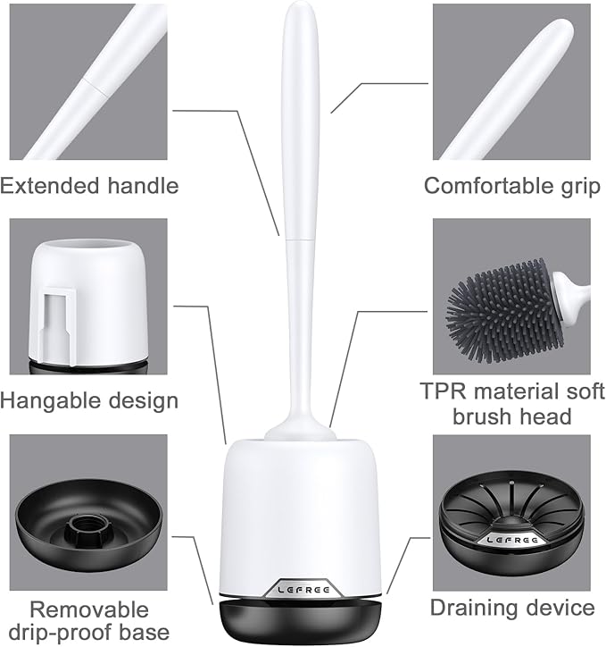 Lefree Silicone Toilet Brush,Rubber Toilet Bowl Brush and Holder Set with Ventilated Holder, Toilet Cleaner Brush for Bathroom,Floor Standing & Wall Mounted Toilet Scrubber Without Drilling