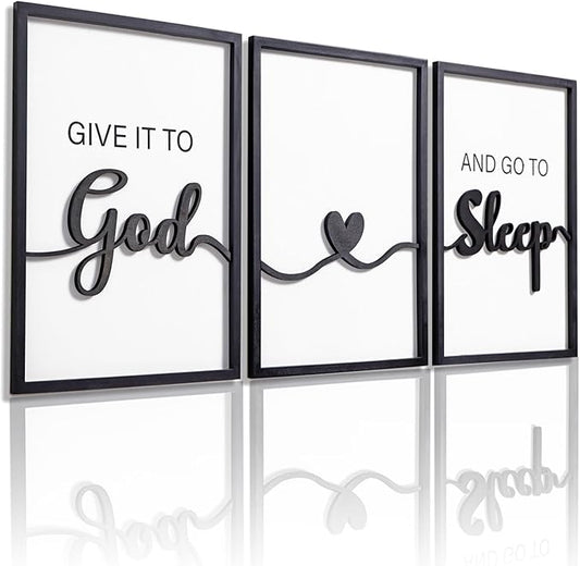 KIOSSUT 3D Wood Framed Black and White Wall Art, 3D Wood Signs Decor for Living Room Bedrom (Ready to Hang, 12 x 16 inches, Art Print) (Give it to God, 24"L x 16"W)