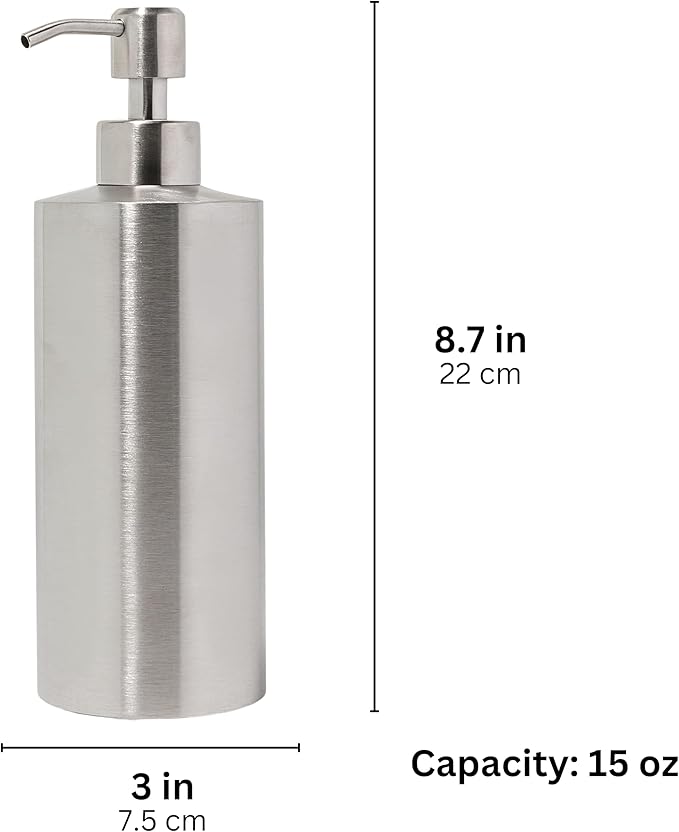 Silver Soap Dispenser Stainless Steel for Bathroom and Kitchen Sink, 15oz Refillable Round Rustproof Hand Dish Soap Dispenser Pump for Detergent, Lotion, and Countertop