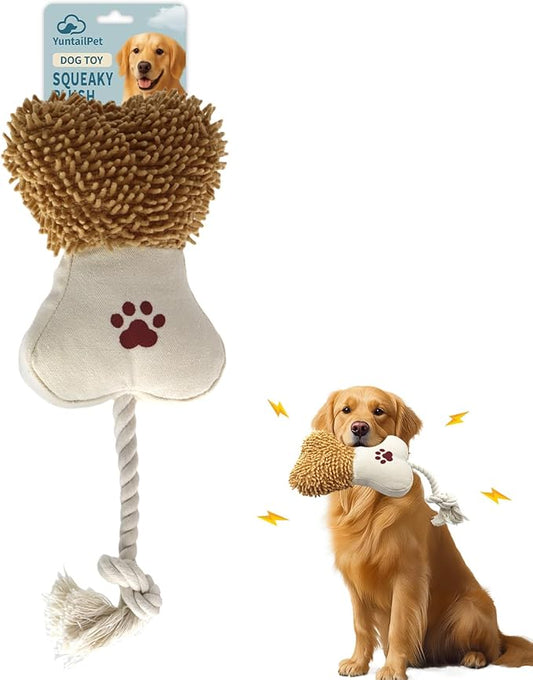 Bone Squeaky Plush Dog Toy with Rope – Durable Crinkle Chew Toy for Small and Medium Dogs, Interactive Indoor Dog Toy for Boredom and Teeth Cleaning