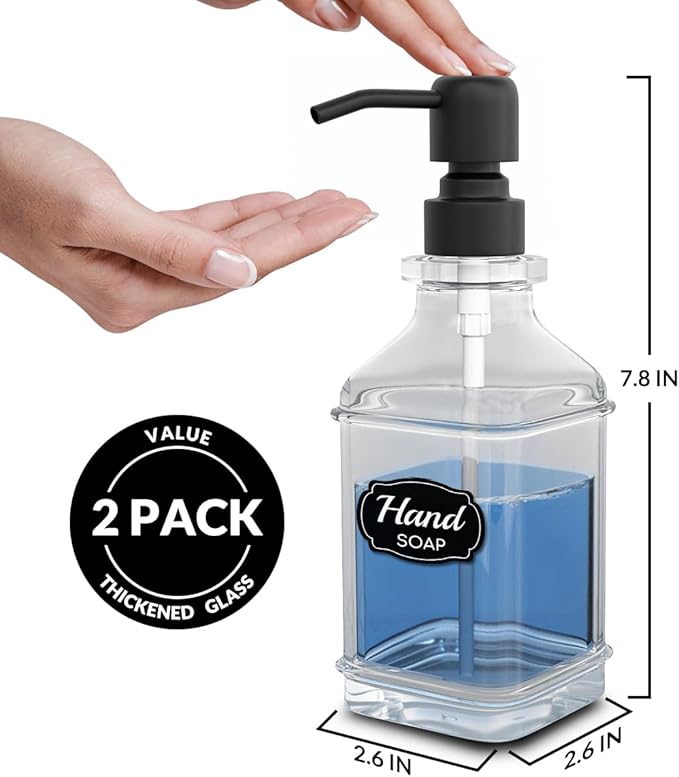 Soap Dispenser - 2 Pack, Antique Design Thick Glass Hand Soap Dispensers with Sturdy Tray; 304 Rust Proof Stainless Steel Black Pump, 12Pcs Stickers, for Kitchen, Bathroom