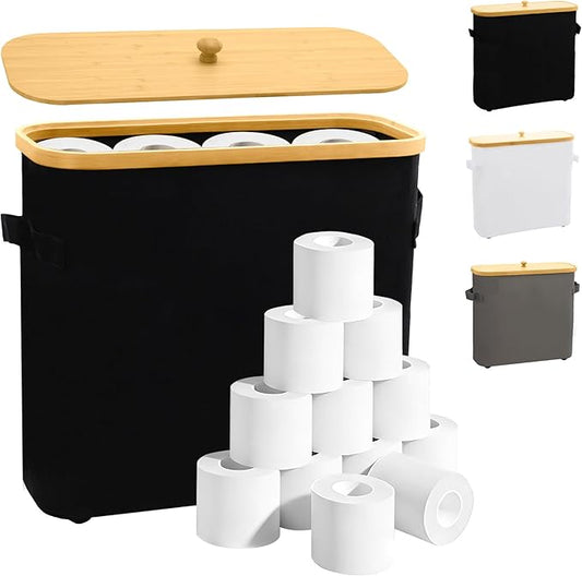 MinBoo Toilet Paper Basket, Storage with Lid, Toilet Paper Organizer for Bathroom, Free Standing Toilet Paper Holder with Storage,Black