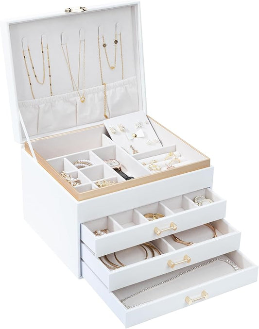 Jewelry Organizer Box, Women Jewelry Box White Jewelry Case 3-Layer with 3 Drawers, Jewelry Boxes for Women Jewelry Organizer, White