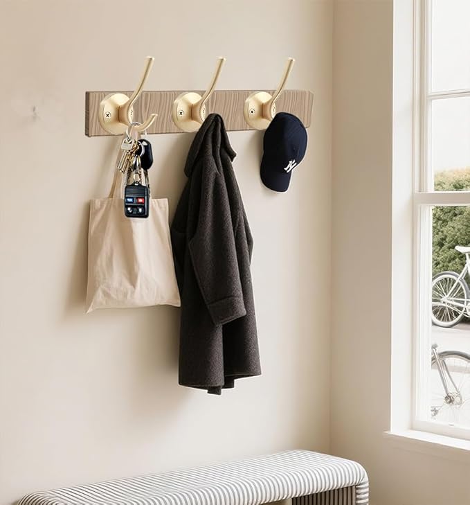 Gold Coat Hooks for Wall, 3 Pack Towel Hook Heavy Duty Metal Double Bath Robe Hook Wall Mount, Hat Hooks for Cubicle Bathroom Kitchen Closet Garage