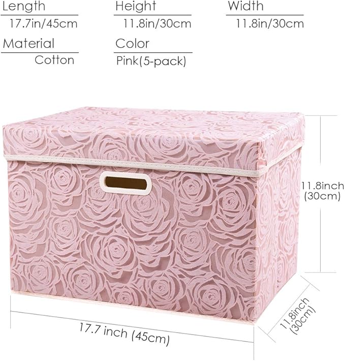 PRANDOM Large Foldable Storage Boxes with Lids [5-Pack] Fabric Decorative Storage Bin Cubes Organizer Containers Baskets with Cover Handles for Bedroom Closet Nursery Pink 17.7x11.8x11.8 Inch
