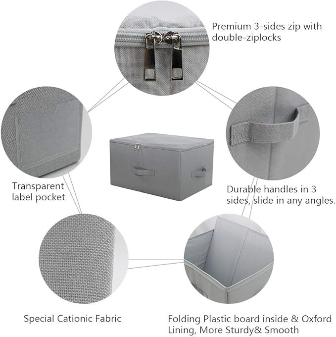 17.6"x 13.6"x 9.7",Dust-proof Closet Clothes Storage Boxes with Zip Lid, Breathable Fabric & Collapsible Design Organizer Bins for Clothing Toy Dolls Shoes Blankets, Light Gray, 2pcs