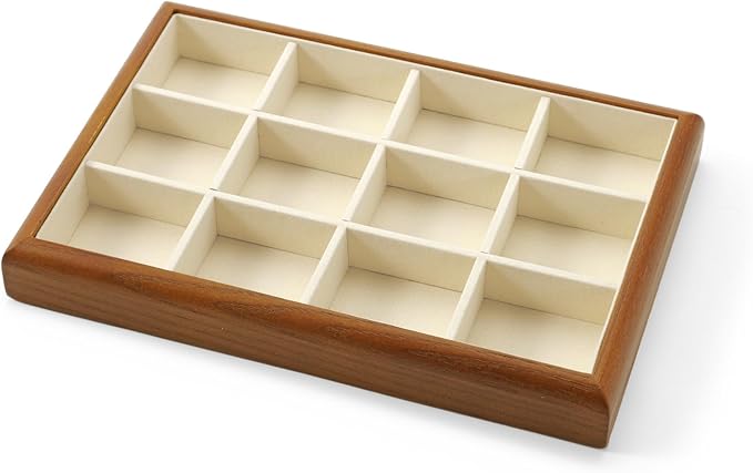Oirlv Solid Wood 12 Grid Jewelry Organizer Tray Jewelry Drawer Organizer for Rings Earrings Storage Display(Creamy-white)