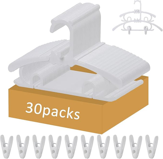 30 Pack Plastic Hangers with 16 Clips, 11-15 inch Adjustable Clothes Hanger, Durable & Non-Slip, Space Saving Coat Hanger for Pants, Jackets and Dress (White)