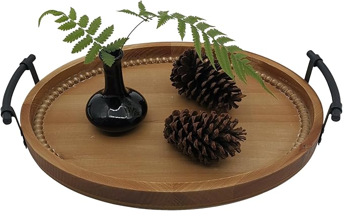 Oval Rustic Wooden Decorative Tray, Serving Tray with Metal Handles, Ottoman Coffee Table Tray, Farmhouse Centerpiece for Kitchen or Living Room (Brown)