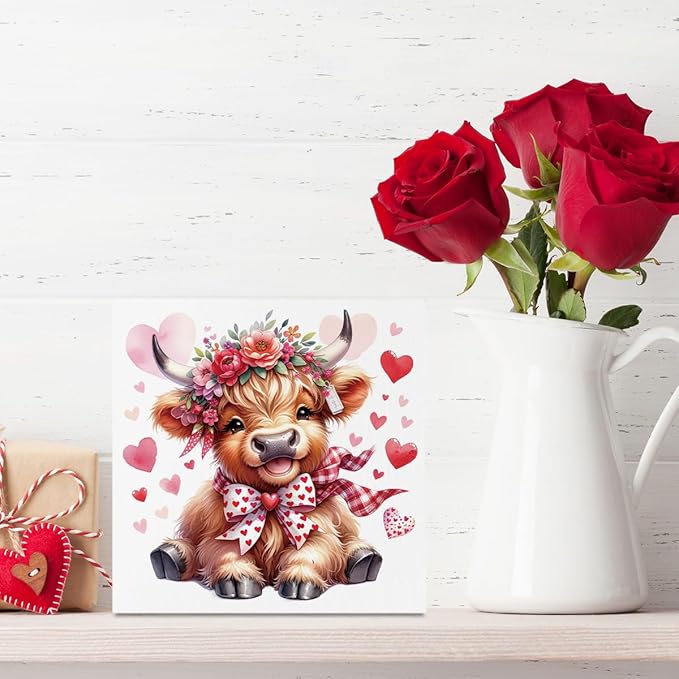Valentine Decorations for Home Highland Cow Valentine Decor Valentines Day Decorations for Table Valentine's Day Decor Gifts for Boyfriend Girlfriend 5 X 5 Inches