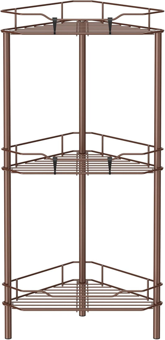 3 Tier Floor Standing Corner Shower Caddy Organizer Shelf with Hooks, Bathroom Shelves Stand Rack, Coffee