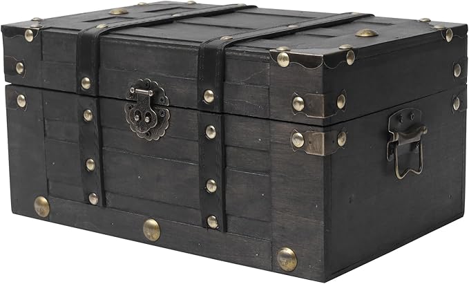 Vintage Wooden Treasure Chest (11" x 7.1" x 5.5") - Decorative Pirate Box with Sturdy Hinged Lid - Antique Style Storage Trunk for Classroom, Keepsakes, & Party Props, Black