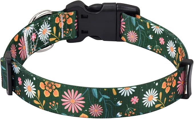 Dog Collar with Bohemia Floral Tribal Geometric Patterns - Soft Ethnic Style Collar Adjustable for Small Medium Large Dogs(Dark Green Flower,S)
