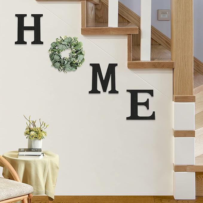 Wood Home Sign with Artificial Eucalyptus Wreath for O, Hanging Farmhouse Wall House Decor - Wood Letters for Art Rustic Home Decor, Wall Decor for Living Room Kitchen Entryway Gift (Black L)