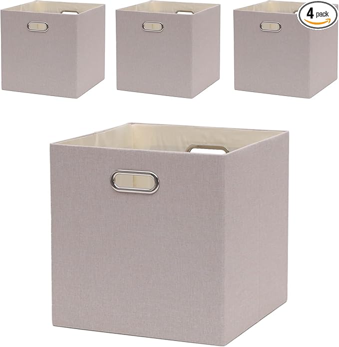 Cube Storage Bins 13×13 Linen Foldable Box with Handles, Collapsible Organization Basket Set of 4 Large Capacity Drawer for Closet Shelf Cabinet Bookcase Bedroom, Beige Sepia