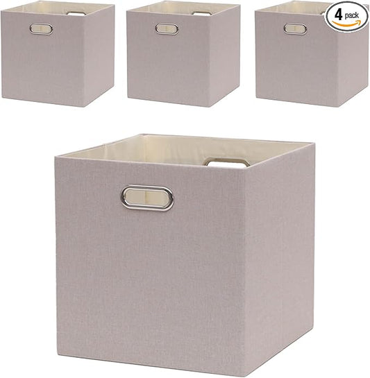 Cube Storage Bins 13×13 Linen Foldable Box with Handles, Collapsible Organization Basket Set of 4 Large Capacity Drawer for Closet Shelf Cabinet Bookcase Bedroom, Beige Sepia