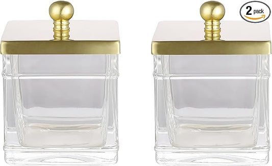 Glass Cotton Jar Holder 2 Pack– Brushed Gold Lid, Elegant Bathroom Storage Canister for Qtips, Cotton Balls, Floss, Makeup Organizer, Vanity & Bathroom Organization