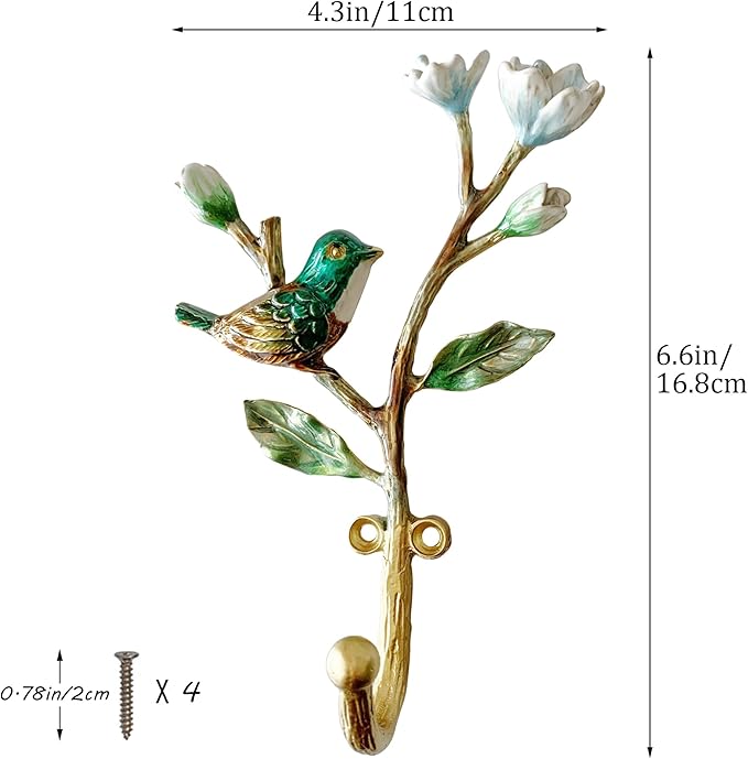 Vintage Bird Shaped Decorative Wall Hooks Rack Hangers for Hanging Clothes Coats Towels Keys Hats, 2 Pack Antique Metal Mounted Wall Hook