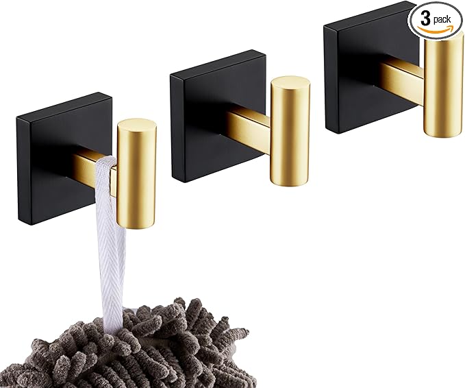 KOKOSIRI Robe Hooks for Wall Mount Bathroom Towel Hook, Coat Hooks Bath Storage Hardware 3 Pack Black with Gold Stainless Steel B1013GDK-P3