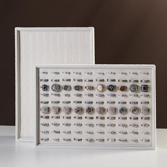 Coward 2Pcs/Set Stackable Ring Organizer Tray Beige Velvet Ring Earring Stud Jewelry Display Holder Tray for Store Selling or Home Show Storage