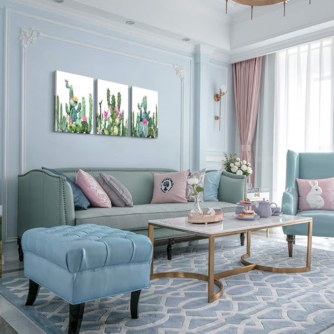 Canvas Wall Art for living room bathroom Wall Decor for bedroom kitchen artwork Canvas Prints green watercolor cactus painting 3Pieces abstract Modern framed office Home decorations family picture