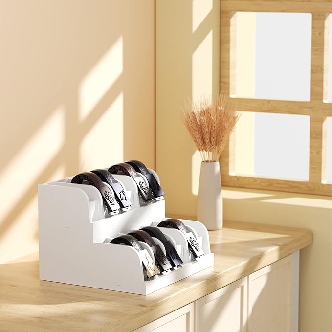 QI XING Belt Organizer - 12 Grid Belt Rack, Tie Organizer for Closet Drawer, Storage Holder Displayer for Men & Women (White)