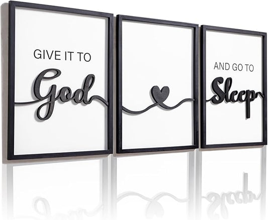 3D Wood Give it to God and Go to Sleep Signs 36x16”, Above Bed Wall Decors, Black And White 3D Bedroom Wall Art (12x16 inches, Set of 3, Framed)