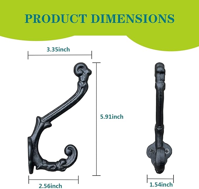 4 Pack Cast Iron Wall Hooks Antique Vintage Rustic Farmhouse Coat Hooks, Great for Coats, Bags, Towels, Hats, Mounting Screws Included
