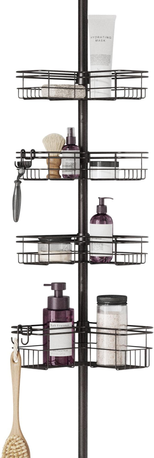 Zenna Home Tension Pole Shower Caddy Corner Organizer, Adjustable Standing Shower Caddy with 4 L-shaped Baskets and Hooks, Rust Resistant Bathroom Tension Rod Organizer, 60 to 97 Inch, Bronze