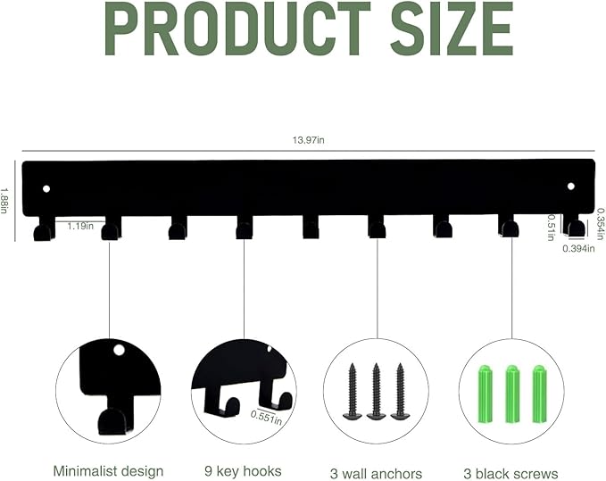 Key Holder Wall Mounted with 9 Hooks, Metal Key Organizer Rack, Black Key Hanger for Entryway, Kitchen, Living Room, Office, Doorway Decor (14 Inches)