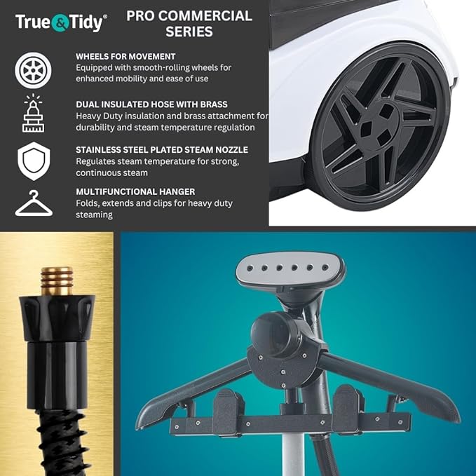 True & Tidy Heavy Duty Commercial Full Size Standing Garment Steamer for Clothes with Extra Large 2.9L (98 oz) Water Tank for 90+ mins of Steam Time, 1800 watts of Powerful Steam, 3 Settings, White