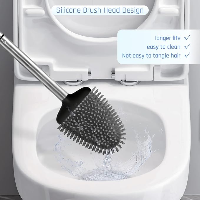 Sellemer Toilet Brush and Holder Set - Flexible Toilet Bowl Brush Head with Silicone Bristles, Compact Size for Storage and Organization, Ventilation Slots Base (2 Pack, Black)