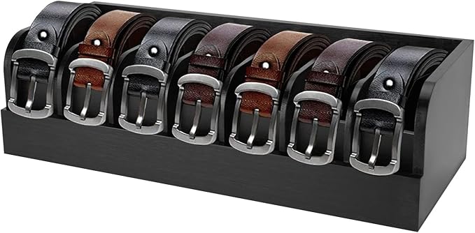GTI Belt Organizer, 7 Compartments Belt Organizer for Closet and Drawer, Bamboo Display Case for Tie and Belt, Belt Storage Organizer for Men Women (Black)