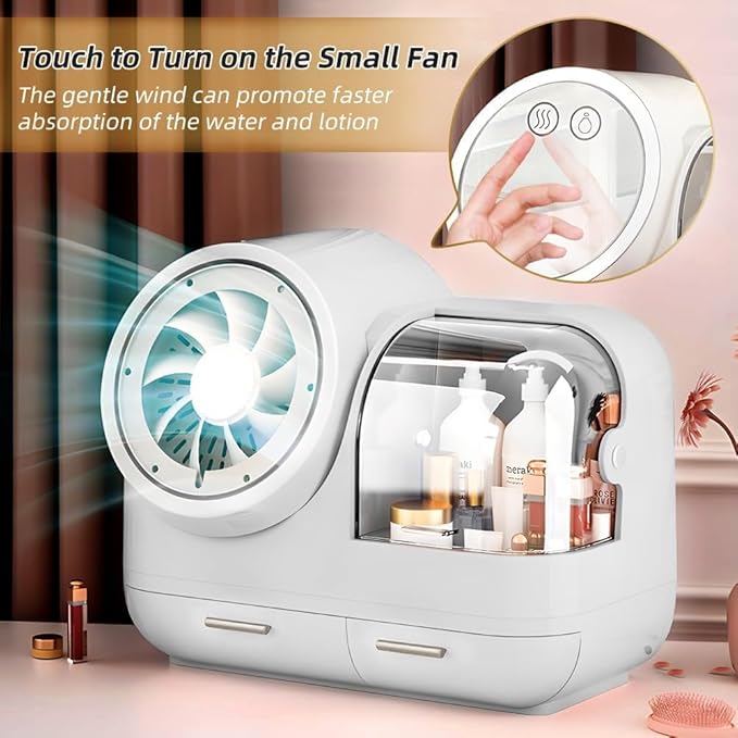 Large Makeup Organizer with Led Light and Mirror - 15" L×8.5" W×12" H Cosmetic Display Case with Fan, Desktop Makeup Box with Drawers, Skincare Storage Box for Vanity Countertop Bathroom, White