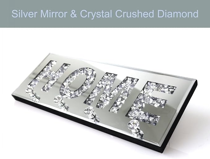 Crush Diamond Mirrored Home Letter Plaque Sign for Wall Decor, Crystal Clear Hooks Key Holder Key Hanger, Silver Mirror Decoration Wall Art, Wall Mounted Home Decor 15"×5.9"×1.6"