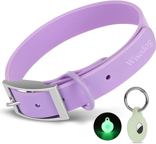 Wisedog Waterproof Dog Collar, Adjustable Soft Rubber Coated Webbing, Odor-Proof and Easy to Clean for Small Medium Large Dogs, with Airtags Case(M|12"-16" × 4/5 in, Lilac)