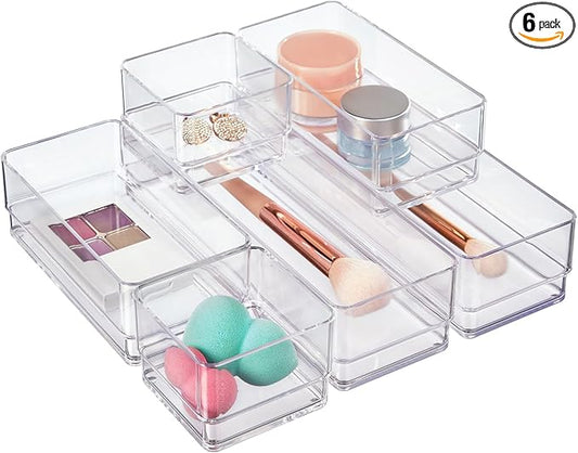 STORi SimpleSort Drawer Organizer Bins 6 pc Set, Multi-size, Bathroom Organizers and Storage, Makeup Organizer, Desk Organizer, Vanity Organizer, Clear Organizing Containers, Made in USA