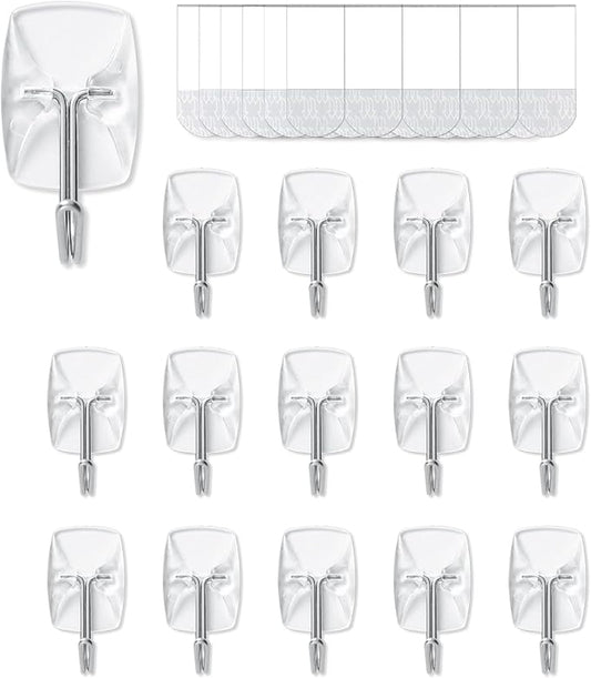 15 Small Hooks+30 Removable Strips, Clear Wire Hanger Hooks, Damage-Free Utility Hooks, Heavy Duty with Adhesive Strips, No Tools Wall Hook for Hanging, Value Pack
