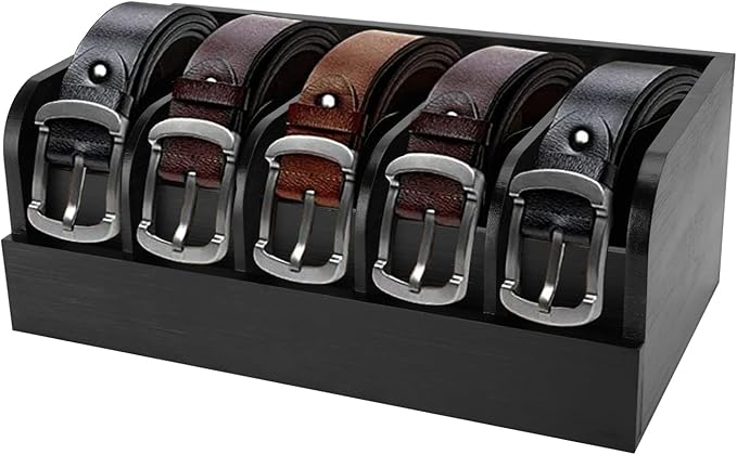 GTI Belt Organizer, 5 Compartments Belt Organizer for Closet and Drawer, Bamboo Display Case for Tie and Belt, Belt Storage Organizer for Men Women (Black)